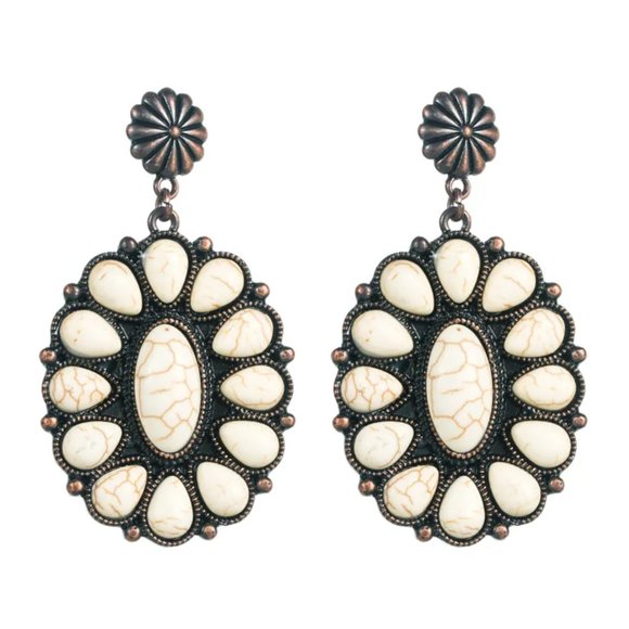 Western Southwestern Bronze & White Turquoise Boho Oval Dangle Earrings NEW - Picture 4 of 7